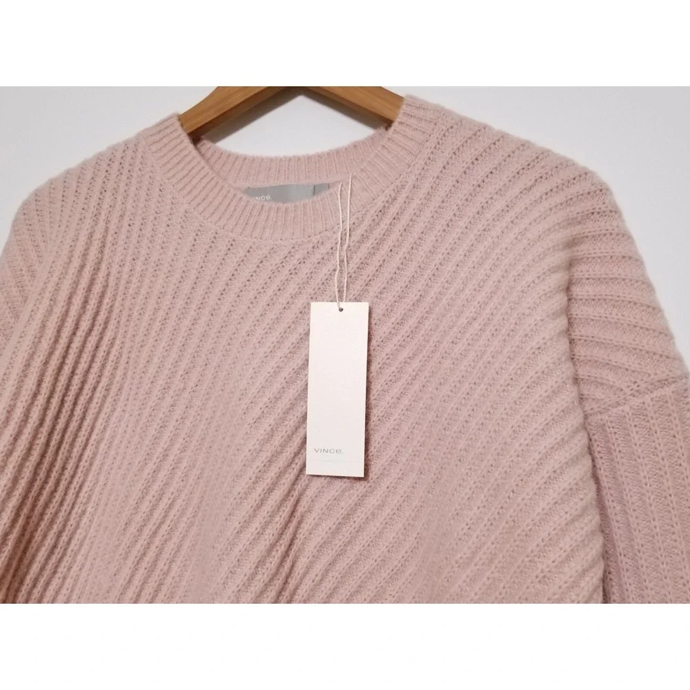 Vince Side Slit Wool Blend Ribbed Knit Crew Neck Sweater Blush Pink XS $325
